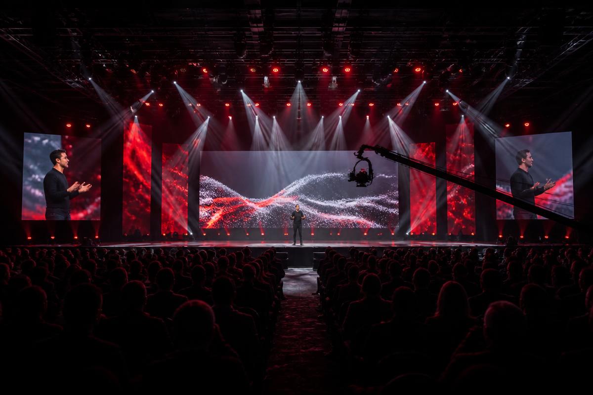Live event with dramatic lighting and video screens